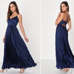 LULUS Prom Wedding Bridesmaid Sexy Elegant Navy Blue Pleated Maxi Dress